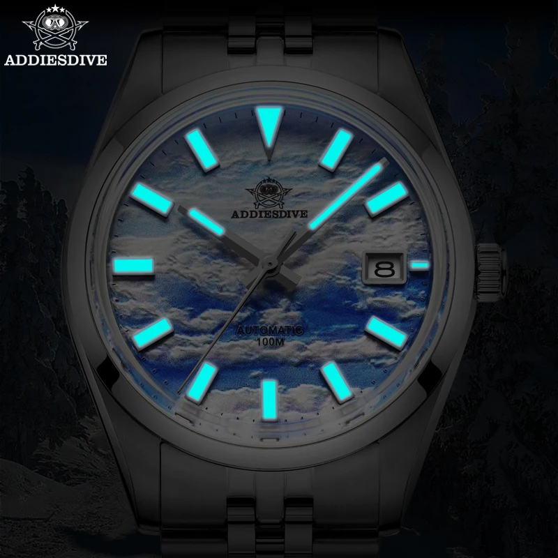 ADDIESDIVE Men Watch Luxury Stainless Steel Fashion 3D Cloud Sea Dial Mechanical Watch BGW9 Blue Luminous 100M Dive Montre Homme