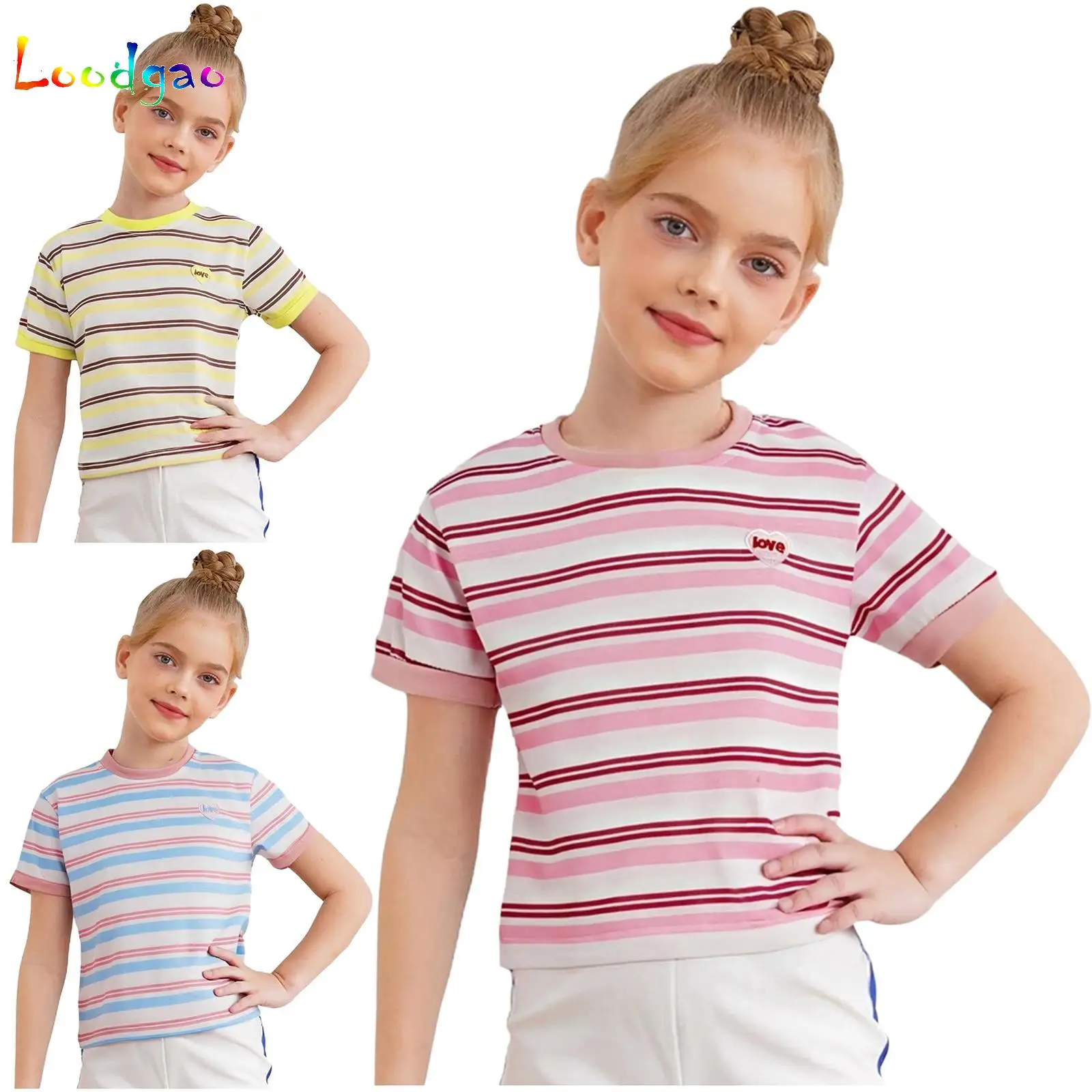 

2025 Summer Girls T-shirt Korean Versatile Spliced Love Kids Girls Tees Stripe Short Sleeve Children Girls Round Collar Top