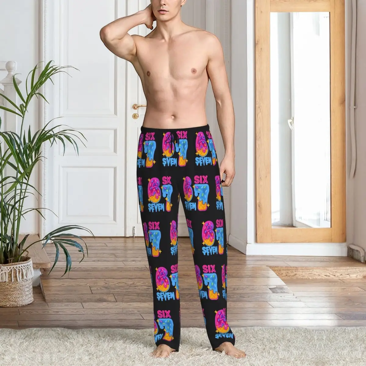 Custom 67 Six Seven Brainrot Pajama Pants for Men Ice Cream Sleepwear Lounge Sleep Bottoms Stretch with Pockets view 6