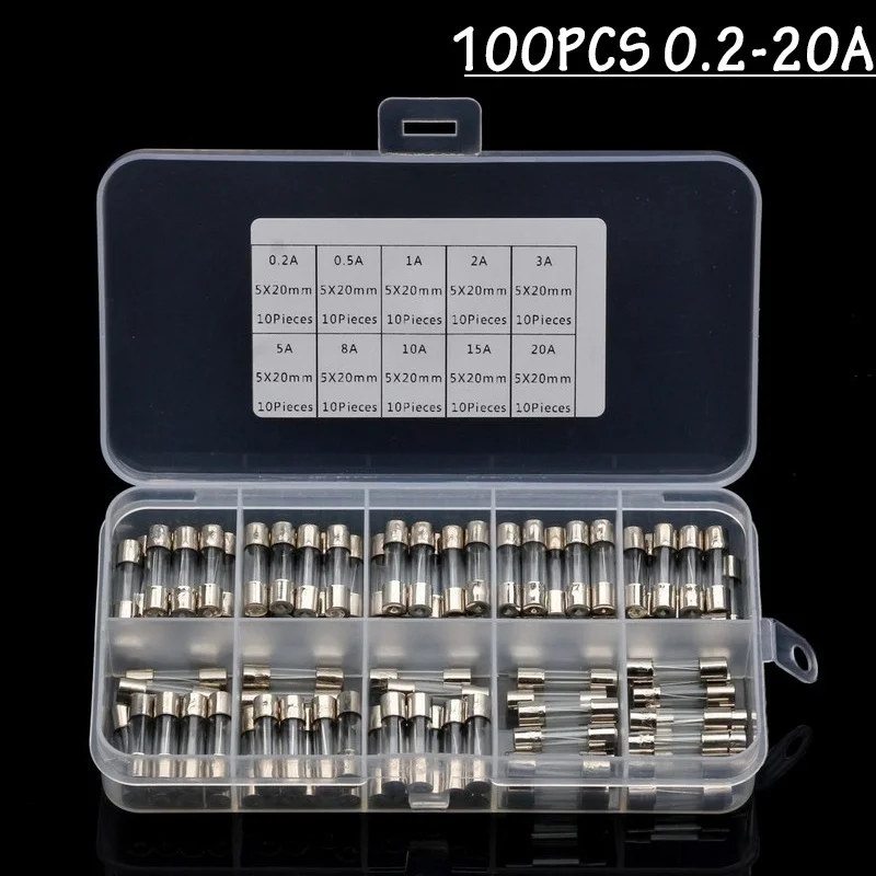 100pcs Various kinds Quick Blow Glass Tube Fuse Assorted Kits Fast-blow Glass Fuses Sets 0.2~20A