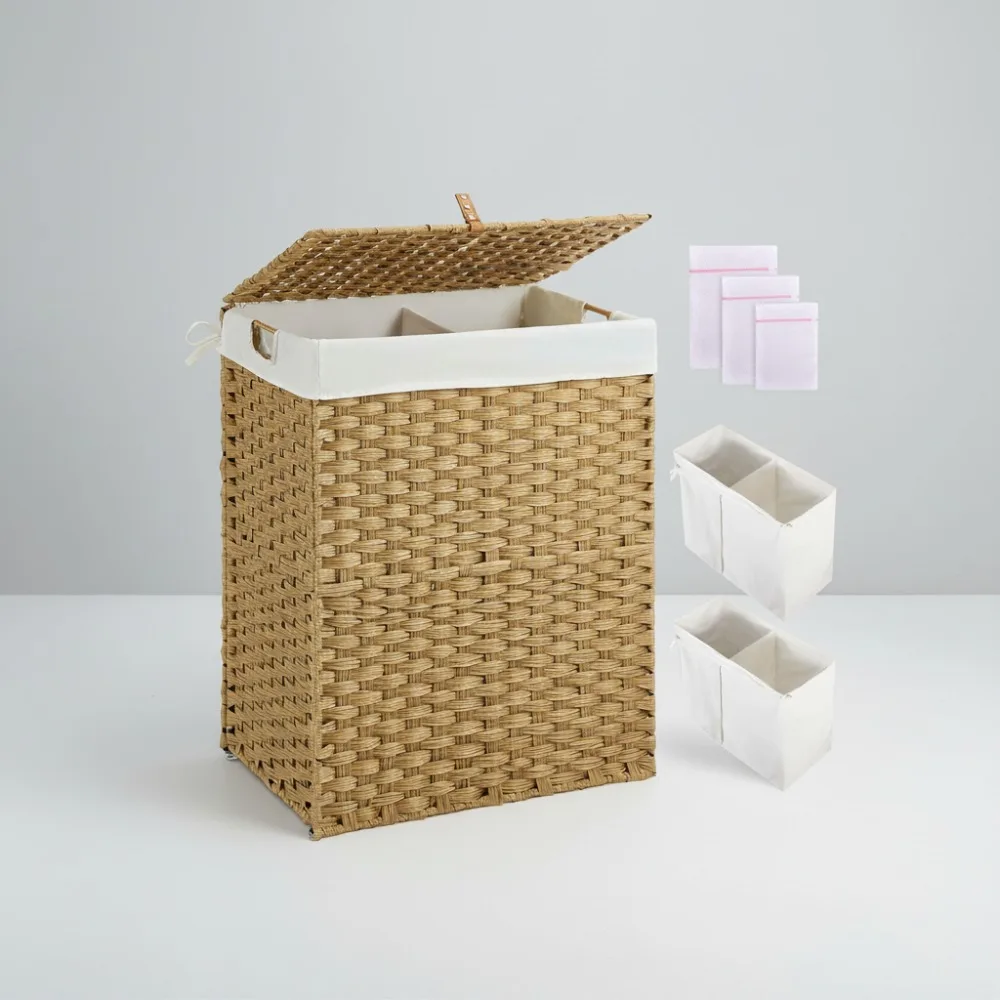 سلة غسيل قابلة للطي مع غطاء، 110 لتر لا حاجة للتثبيت، 2 كيس بطانة قابل للإزالة، سلة الروطان المنسوجة يدويًا لتنظيم المنزل #1