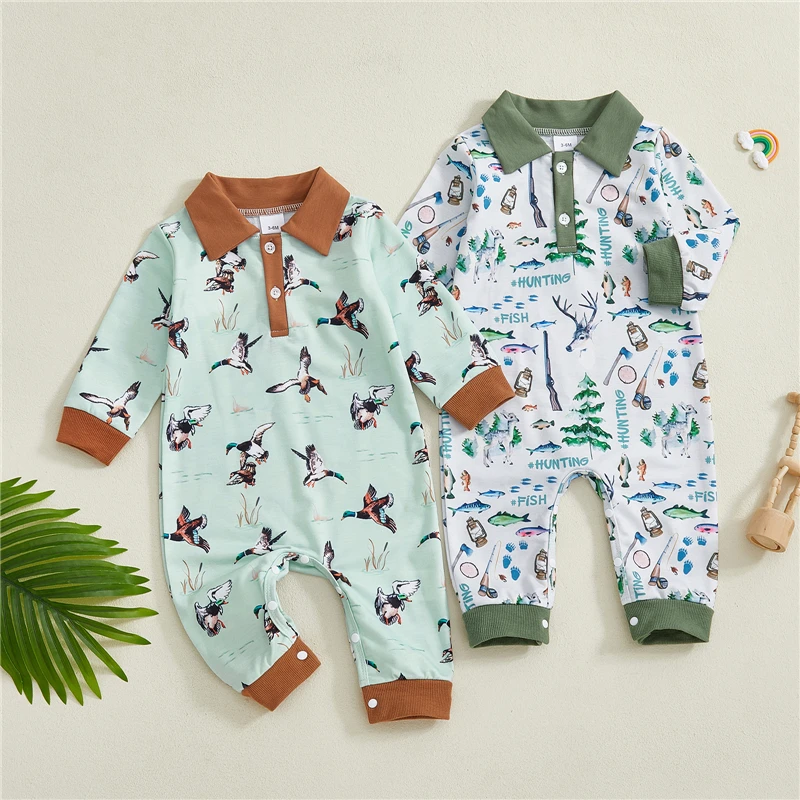 Newborn Baby Girls Boys Fall Romper Flying Duck Print Button-up Turn Down Collar Long Sleeve Infant Jumpsuit