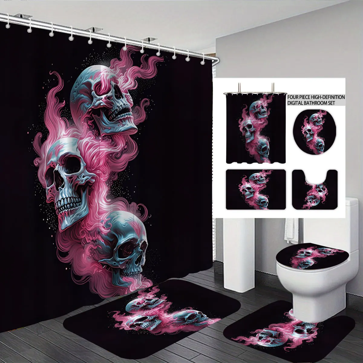 

4PCS Pink Smoke Skull Bathroom Set Curtain ToiletCover U-Shaped Rug Bath Mat