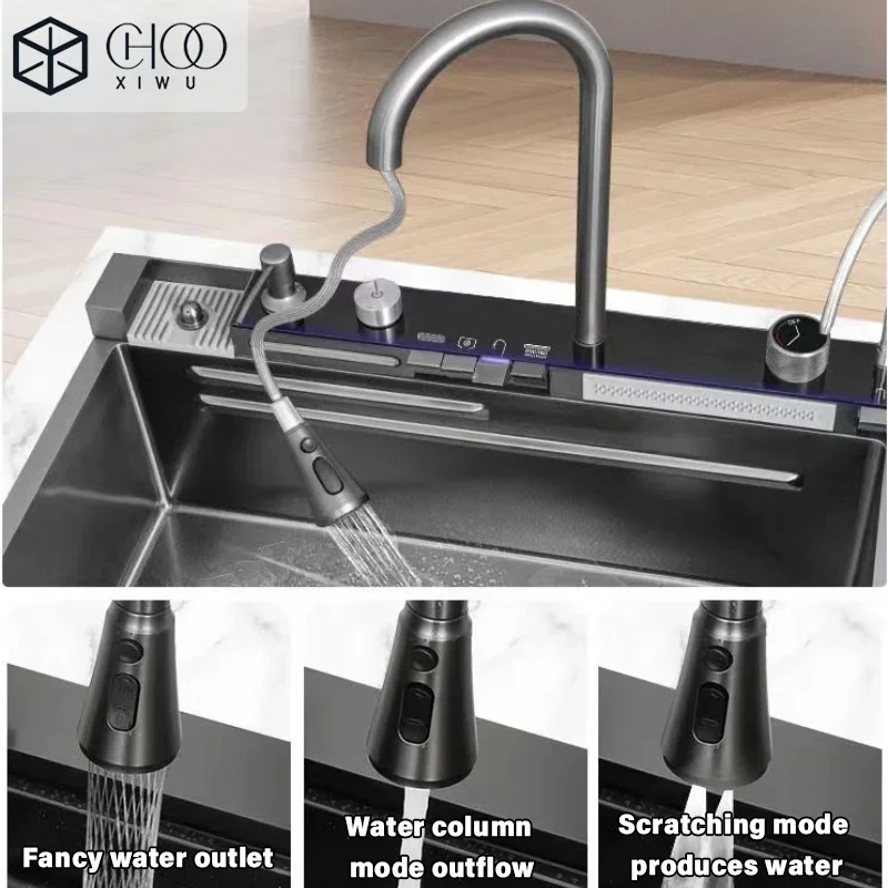 

Stainless Steel Waterfall Kitchen Sink Cup Washer Knife Rack Honeycomb Embossed Domestic Apartment Countertop Large Single Sink