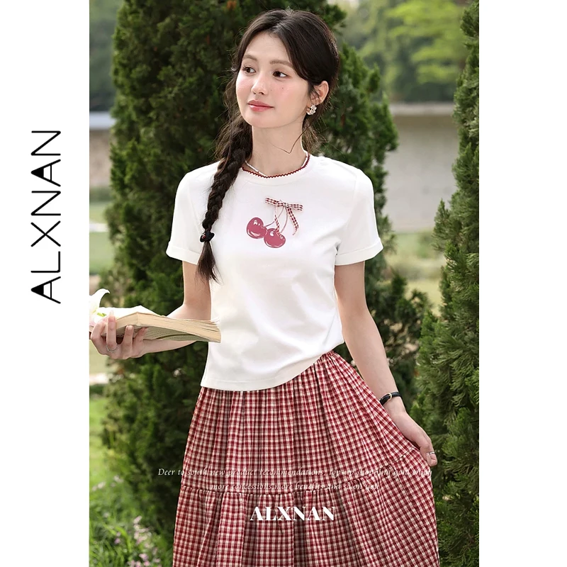 

ALXNAN Off-white T-shirt Round Neck Cherry Print Plaid Bow Loose-fit Short Sleeve T-shirts 2026 Summer Casual Female Top L63796