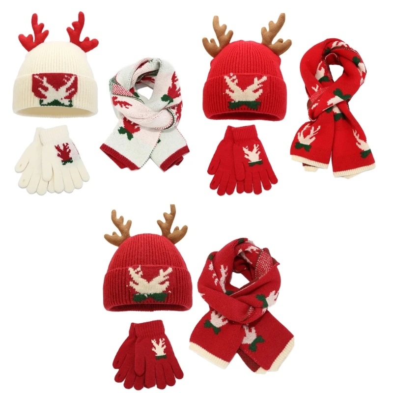 

Soft Stretch Christmas Reindeer Caps Scarf Gloves Formal Event Thick Warm Knitwear Festival Costume for Christmas Holiday