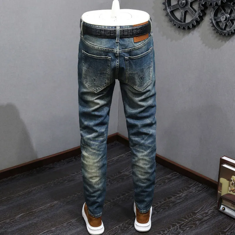 Fashion Designer Men Jeans High Quality Retro Washed Blue Stretch Slim Fit Ripped Jeans Men Vintage Casual Denim Pants Hombre