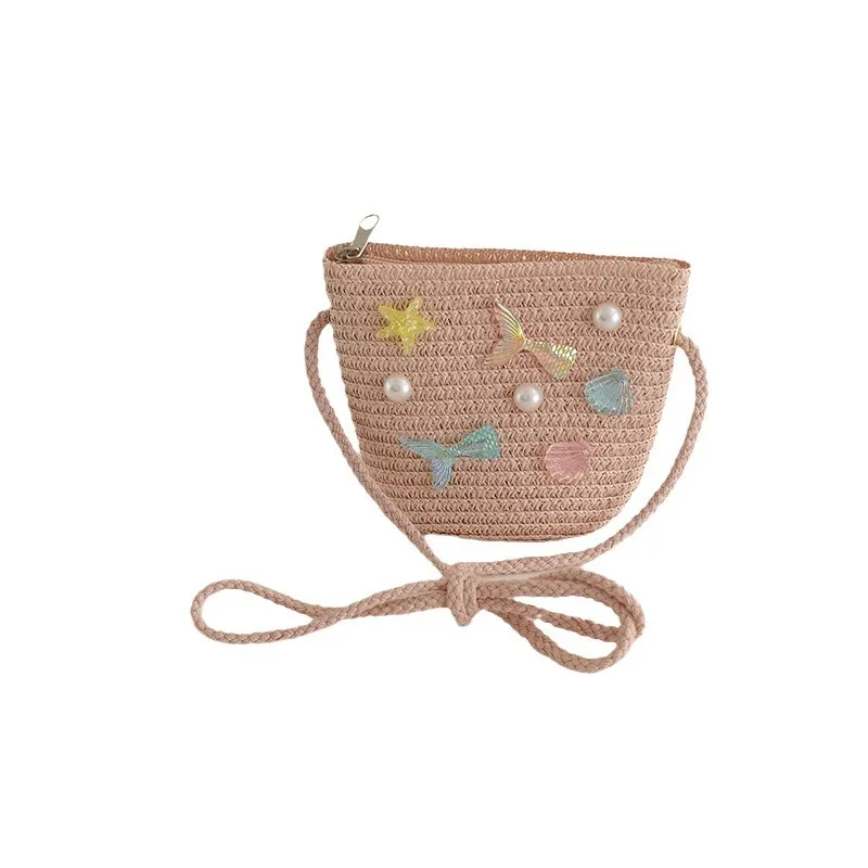 Children\'s Straw Woven Summer Crossbody Bag Cute Girl Coin Wallet Shoulder Bag Colorful Shells Fish Tail Zero Wallet Kids Gifts