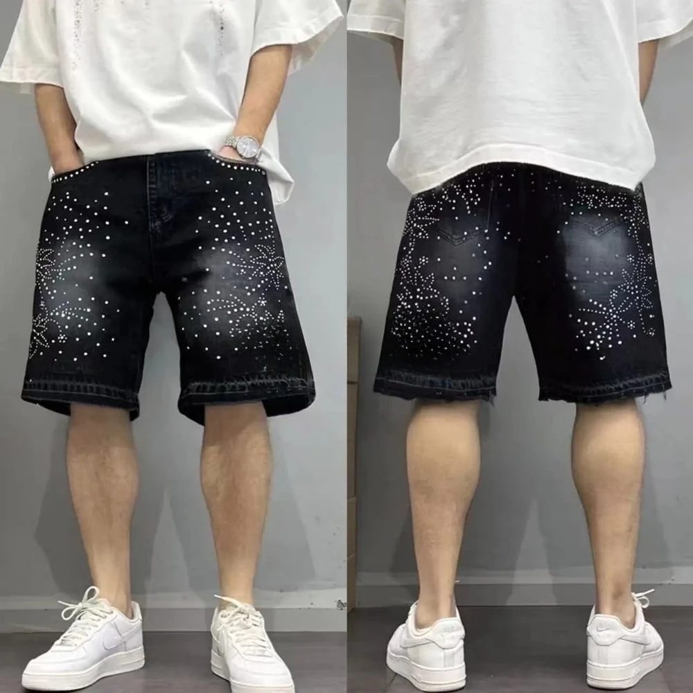 

Denim Pant Men Jeans Vintage Straight Mid Waist Knee Length Trousers Hot Drilling Frayed Hem Y2k Streetwear Beach Casual Summer
