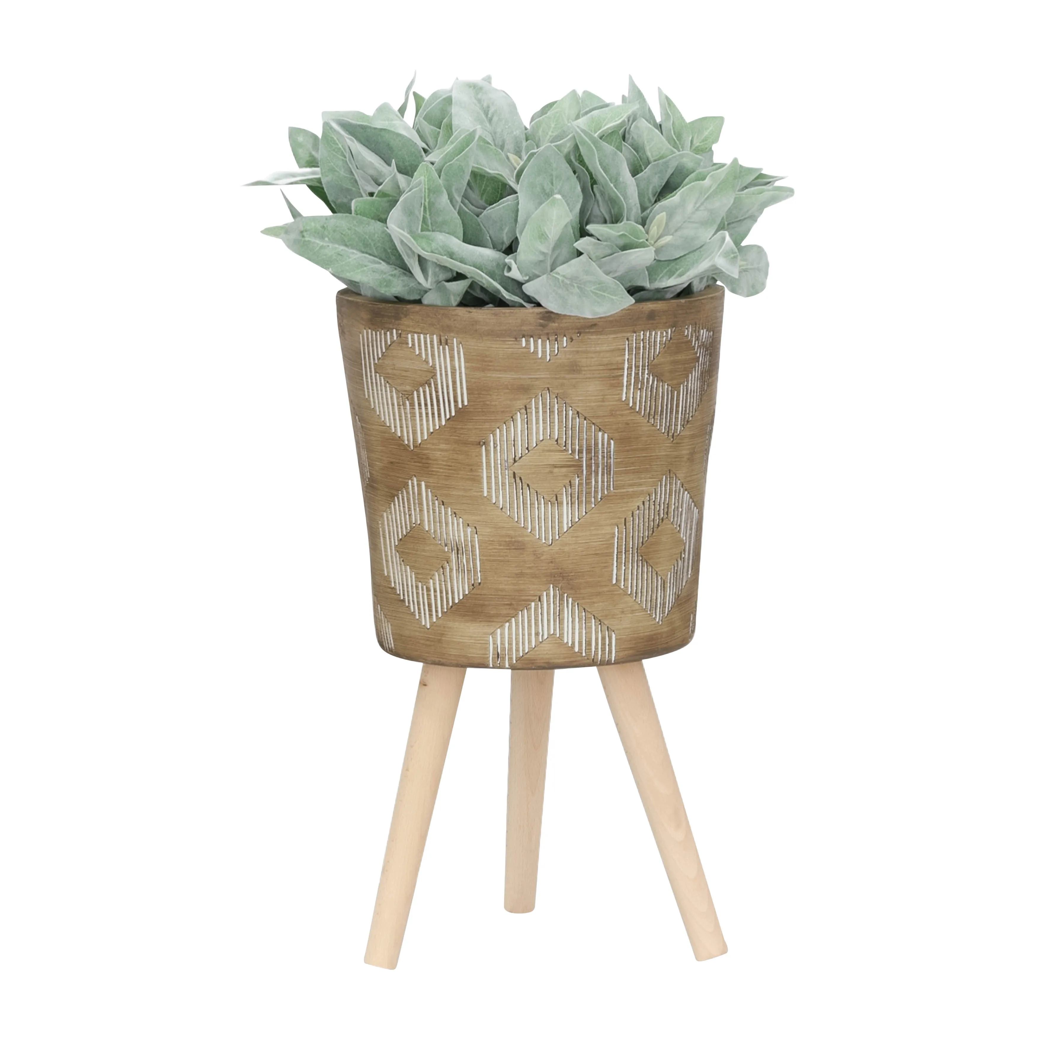 Set of 2 Terrazzo Planters with Wood Legs, Gray | Stylish Decorative Flower Pots for Indoor Plants