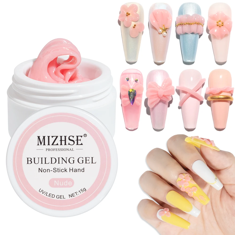 MIZHSE 15G Extension Nail Gel Non Stick Hand Solid Easy Stick Nail Patch Gel No Flowing Non Sticky Builder Gel Clear Nude Pink