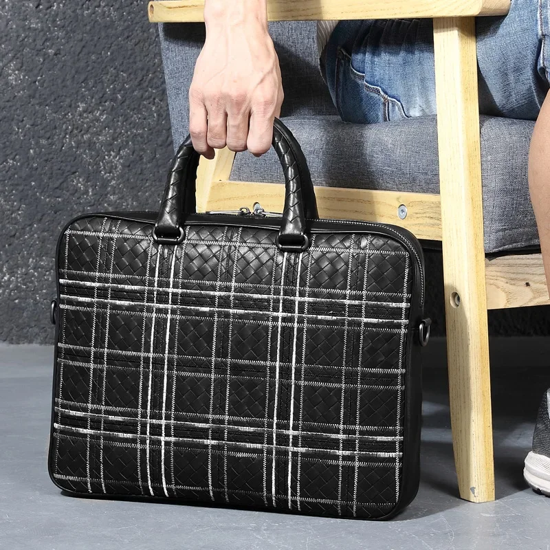 Men\'s Handbag Premium Cowhide Men\'s Bag Business Briefcase Woven Single Shoulder Crossbody Bag Document Laptop Bag High Quality