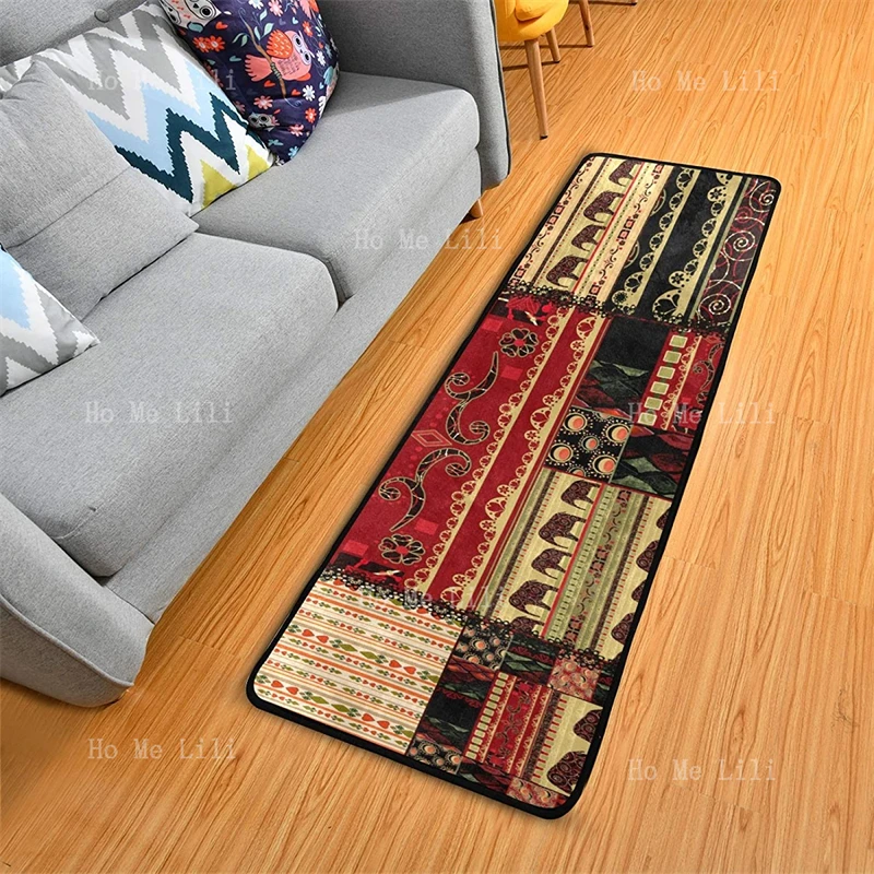 Red Gold Black Collage Marble Ethnic Tribal Culture Flannel Floor Rugs Long For Cushioned Hallway Entryway Indoor Home Decor