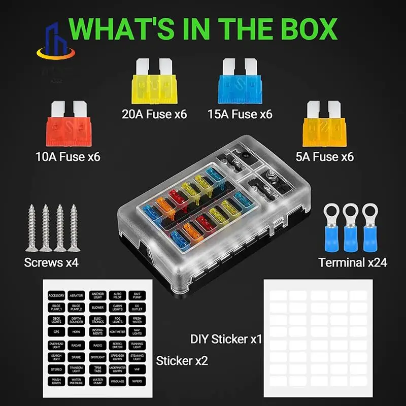 

A33Z-12V Fuse Block 12 Circuit Fuse Box Kit,With LED Indicator With Negative Marine Fuse Box For Dc12-24V Car Boat RV Truck