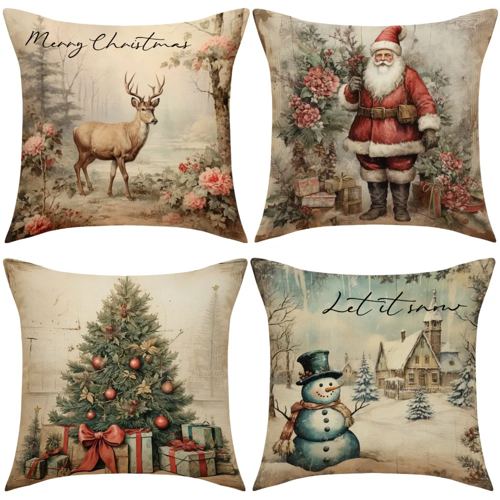 Decorate Retro Christmas Pillowcase Durable Easy To Clean Retro Snowman Deer Pillow Cover Flax Living Room Sofa Cushion Cover