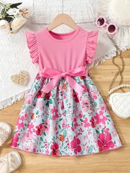 Sweet Girls Splicing Flower Print Flutter Trim Ribbed Belted Dress