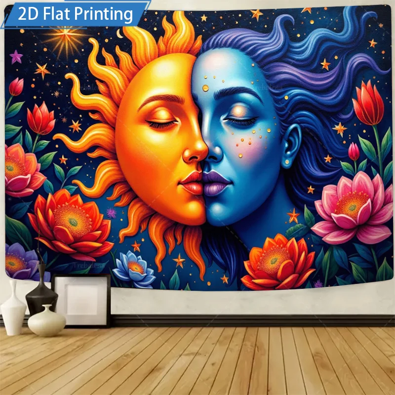 1pc Wall Tapestry "Sunny Moon Kiss Tapestry - Boho Floral Wall Hanging for Home Decor"