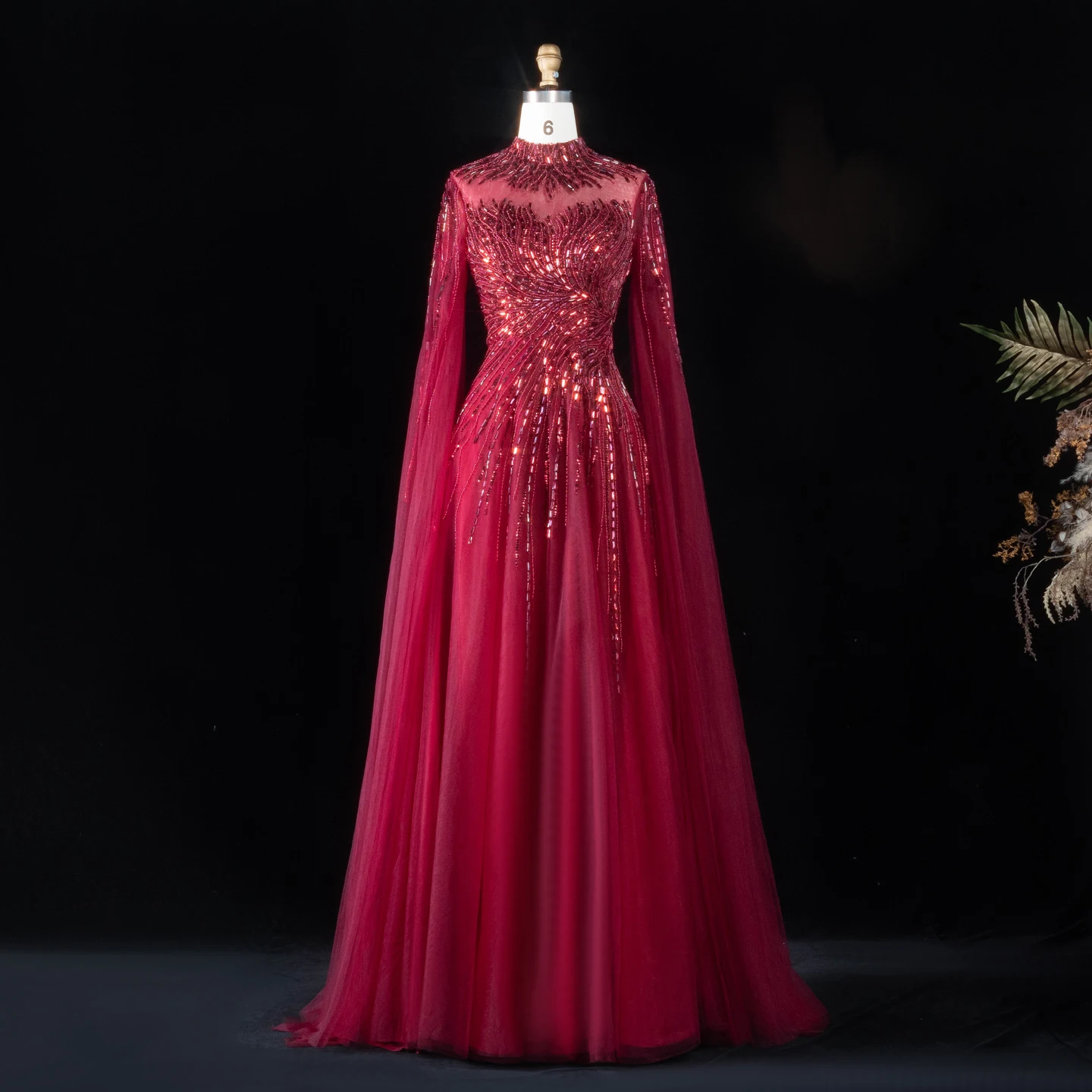 Sharon Said Elegantes Luxuriöses Perlenbesetztes Abendkleid mit Hohem Kragen, Cape-Ärmeln, Tüll-Ballkleid, Partykleid für Damen SS134 Maßanfertigung – Detail 17