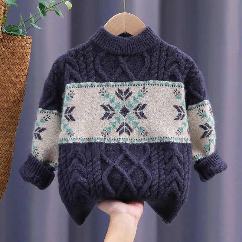Boys Woolen Sweater Crochet Cotton Windbreak 2023 Luxury Warm Thicken Autumn Winter Pullover Teenagers Children\'s Clothing