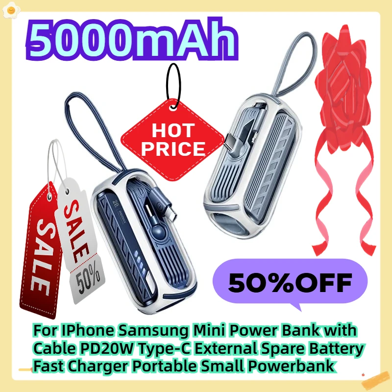 

5000mAh For IPhone Samsung Mini Power Bank with Cable PD20W Type-C External Spare Battery Fast Charger Portable Small Powerbank