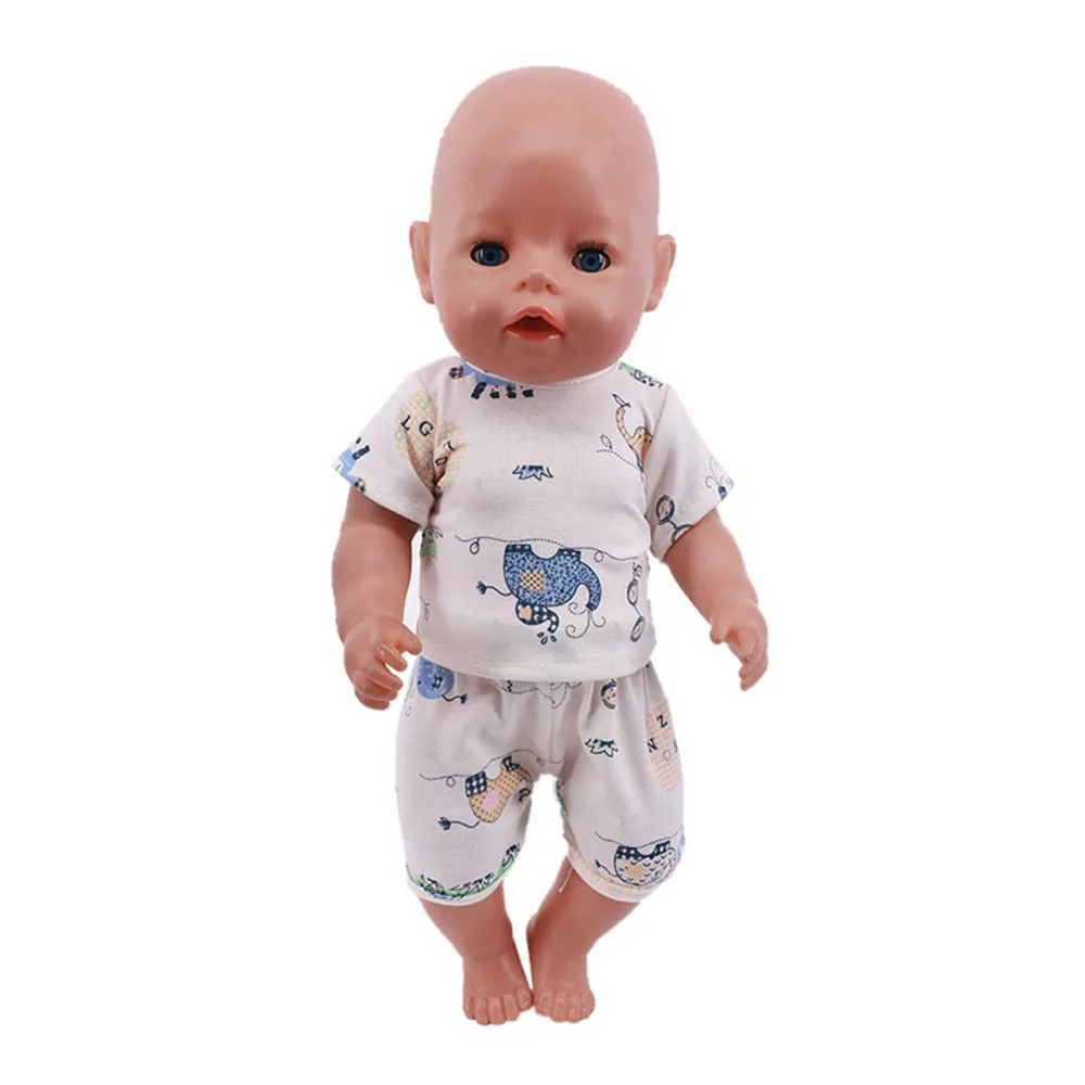 Zomer set met korte mouwen en dierenpatroon jumpsuit pyjama voor 43 cm babypop en 18 inch Amerikaanse popaccessoires, onze generatie cadeau