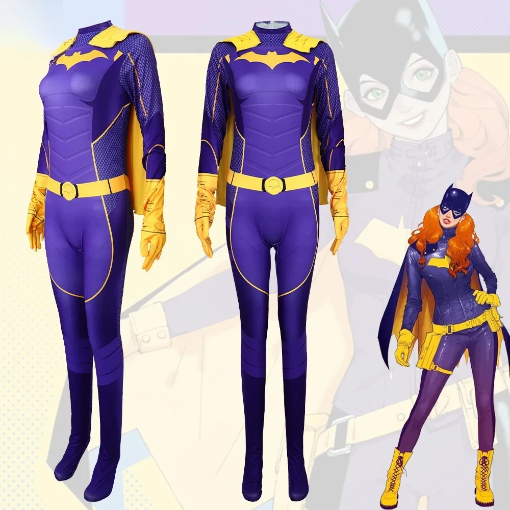 

Violet & Yellow Themed Cosplay Bodysuit - Form-Fitting Printed Jumpsuit with Cape Belt Accents Character Attire for Anime Events