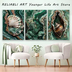 Green Abstract Lines Marble Shell Poster and Prints ,3 Panels Wall Art, Canvas Painting for Living Room Home Decor No Frame