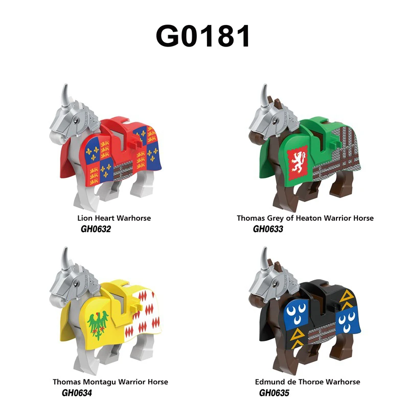 MOC – figurines d'action de cavalerie militaire médiévale, blocs de construction d'animaux de cheval de guerre, chevalier de Rome, guerrier, armes, briques, jouet pour enfants, cadeaux