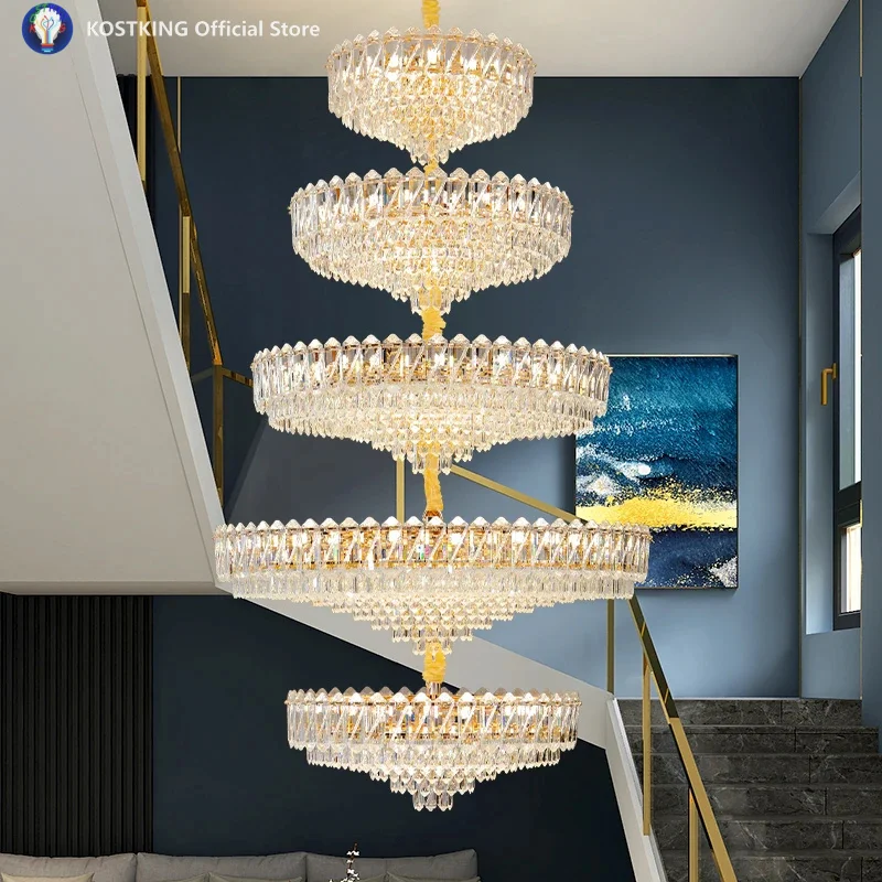 Duplex Building Grand Chandelier Villa Living Room Light French Luxury Large Crystal Light Hotel Lobby Crystal Long Chandelier
