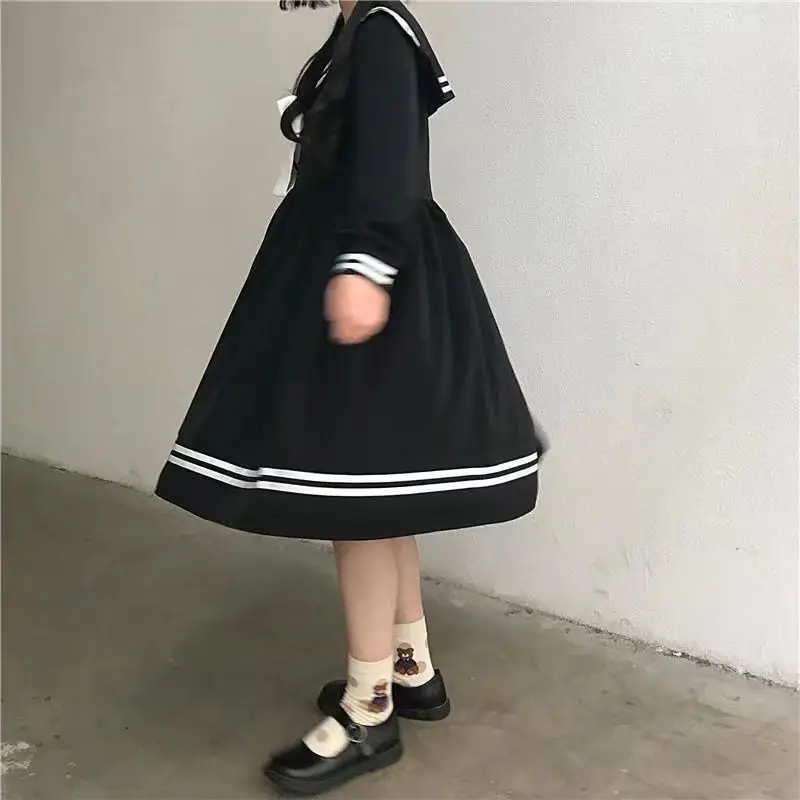 Preppy Style Korean Loose Long Sleeve Spring Autumn New Sailor Collar Bow Sweet Age Reduction Solid Color Vintage Dress Female