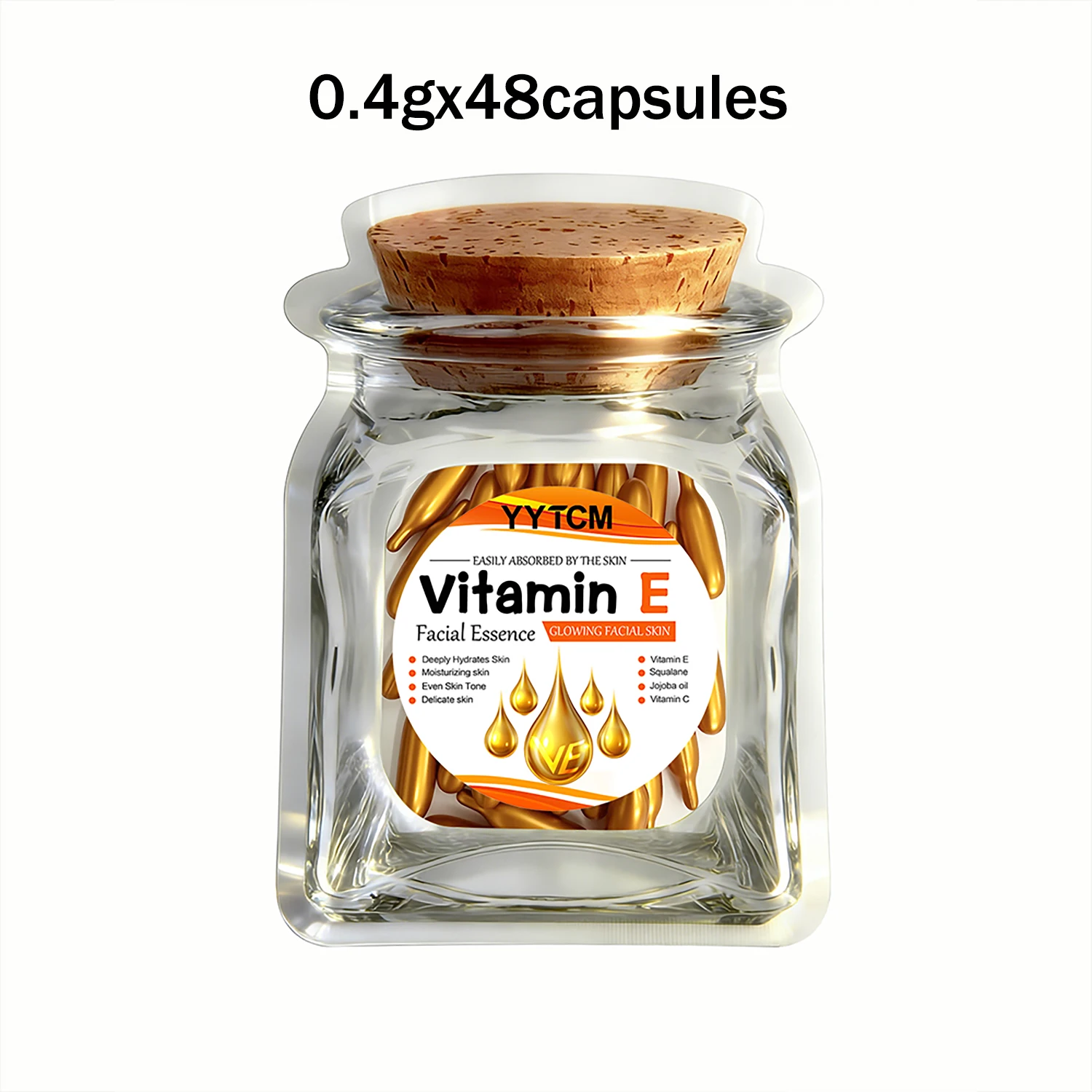 Vitamine E Diep Hydraterende Capsule Essence, Hydrateert en Verzacht de Huid, Bevat Plantaardige Squalane, Vitamine C, Diep Hydraterende en Huidverhelderende Essence (0,4Gx90 Capsules)/Fles-1 Fles