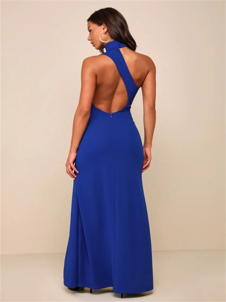 Customized Charming Asymmetric Hollow Halter Dress High Halter Neckline Irregular Hollow Back Evening Dress with High Slit