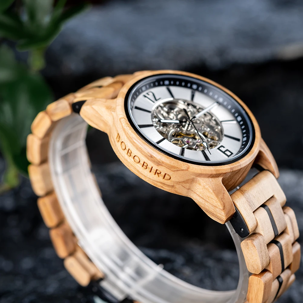 BOBO BIRD Wooden Automatic Mechanical Watch Men New Top Luxury Wristwatch Fashion Luminous Clock Great Gift Wood Box Custom Logo