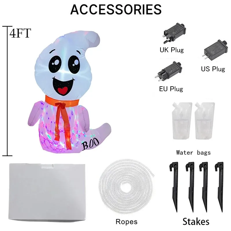 ألعاب الهالوين القابلة للنفخ بطول 4 أقدام، زينة شبح بيضاء مع ضوء ساطع أبيض مدمج، ديكورات ساحة قابلة للنفخ #4