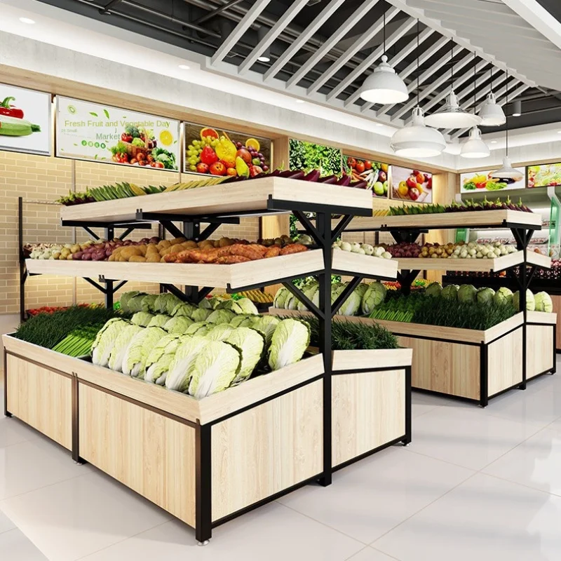 custom.Custom Supermarket Fruit & Vegetable Display Stand with Snack Island Shelf Supermarket Rack