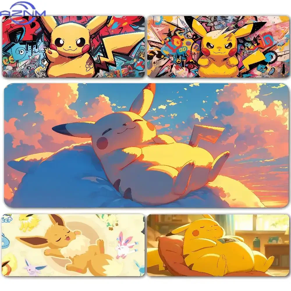 Cute Pikachu Graffiti & Sunset Scene TCG Playmat Large Mousepad, Rubber Non Slip Trading Card Game Desk Mat, Anime Table Pad for