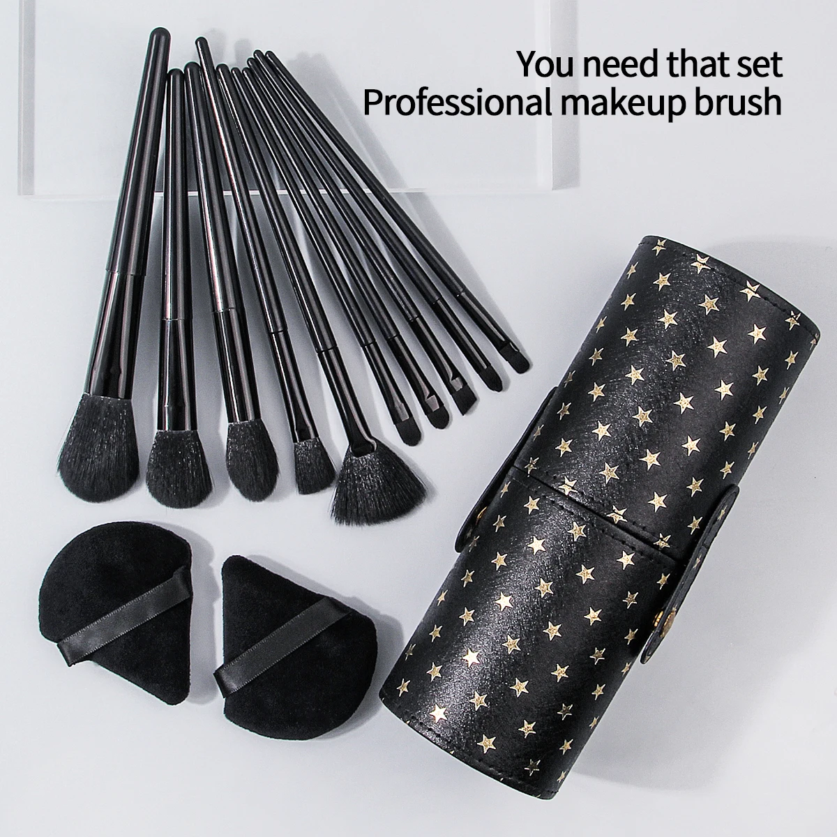 13PCS black premium set with 10pcs multi-functional makeup brush +2pcs triangular powder puff +1pcs makeup brush storage bucket