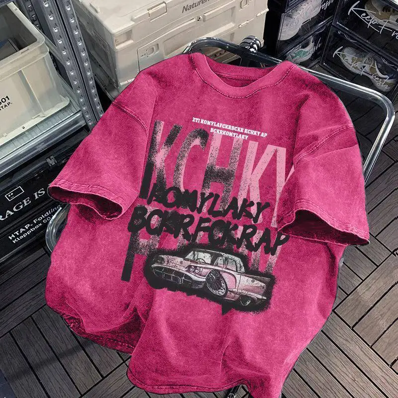 Summer Washed Burgundy Vintage Lowrider Car Multi-Layer Letter Print T-Shirt Men Streetwear Loose Casual Purple Short Sleeve Top