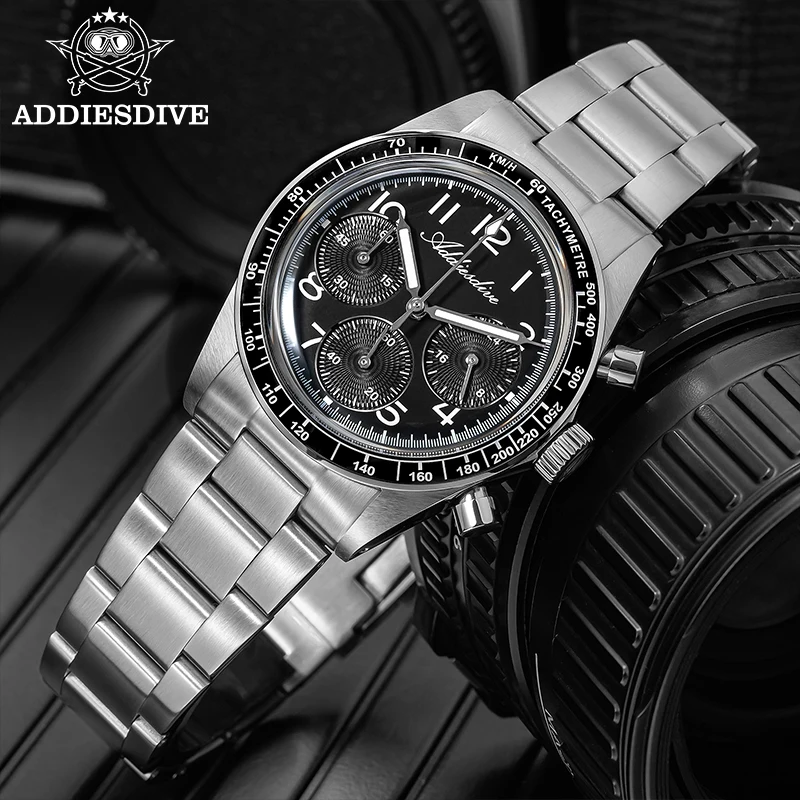 

ADDIESDIVE Men Watch New Chronograph Luxury Ceramic Bezel Domed Glass BGW9 Luminous Dive 100m Waterproof VK63 Quartz Wristwatch
