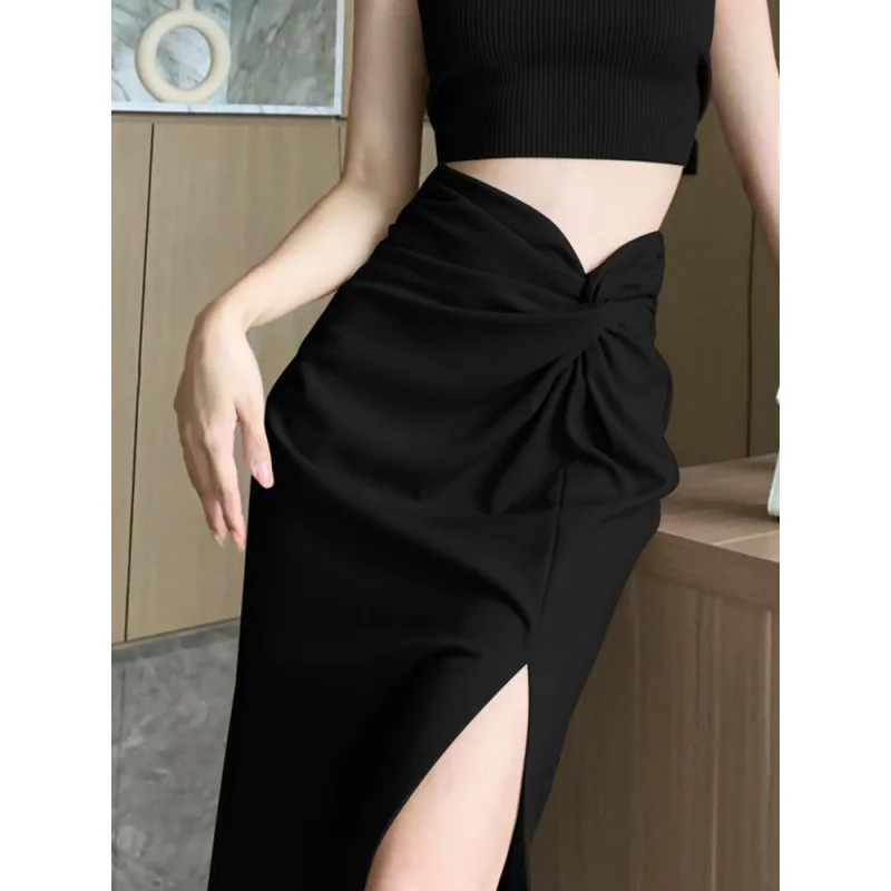 Women's Black Split Suit Skirts 2026 Spring Summer Thin Pleated High Waist Midi Straight Bodycon Design Skirts