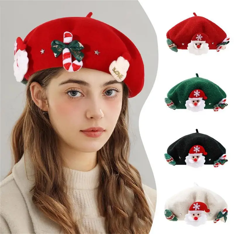 

Christmas Hat Red GreenBeret Female Winter Headwear Xmas Party Dress Up New Year Gifts Sweet Girl Women Wool Tweed Beret Cap