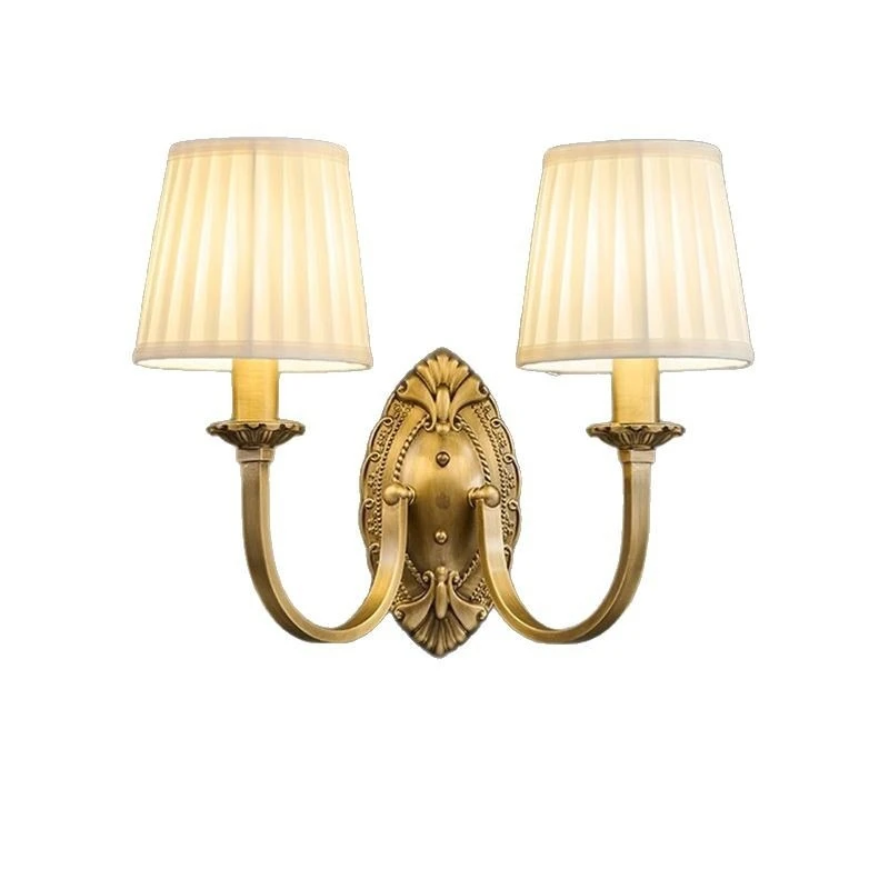 Living room wall lamp All copper bedroom bedside lamp Living room simple aisle staircase fabric lamp