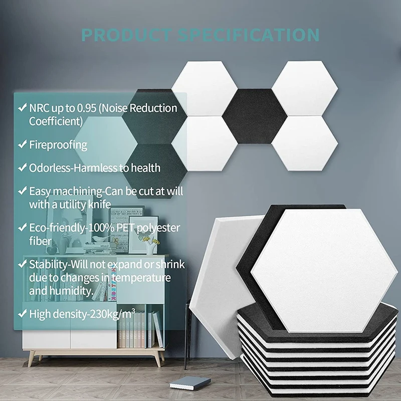 16 Pack Acoustic Panels,Hexagon Soundproof Wall Padding,Sound Dampening Panels,Beveled Edge Tiles,For Acoustic Treatment