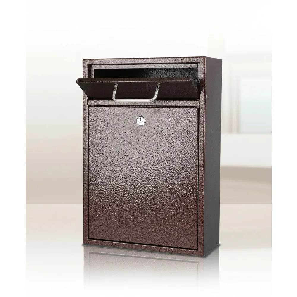 

Large Steel Locking Wall Mount Mailbox, Outdoor Security Key Drop Box with Bronze Finish, 16.2x11.22x4.72 Inches