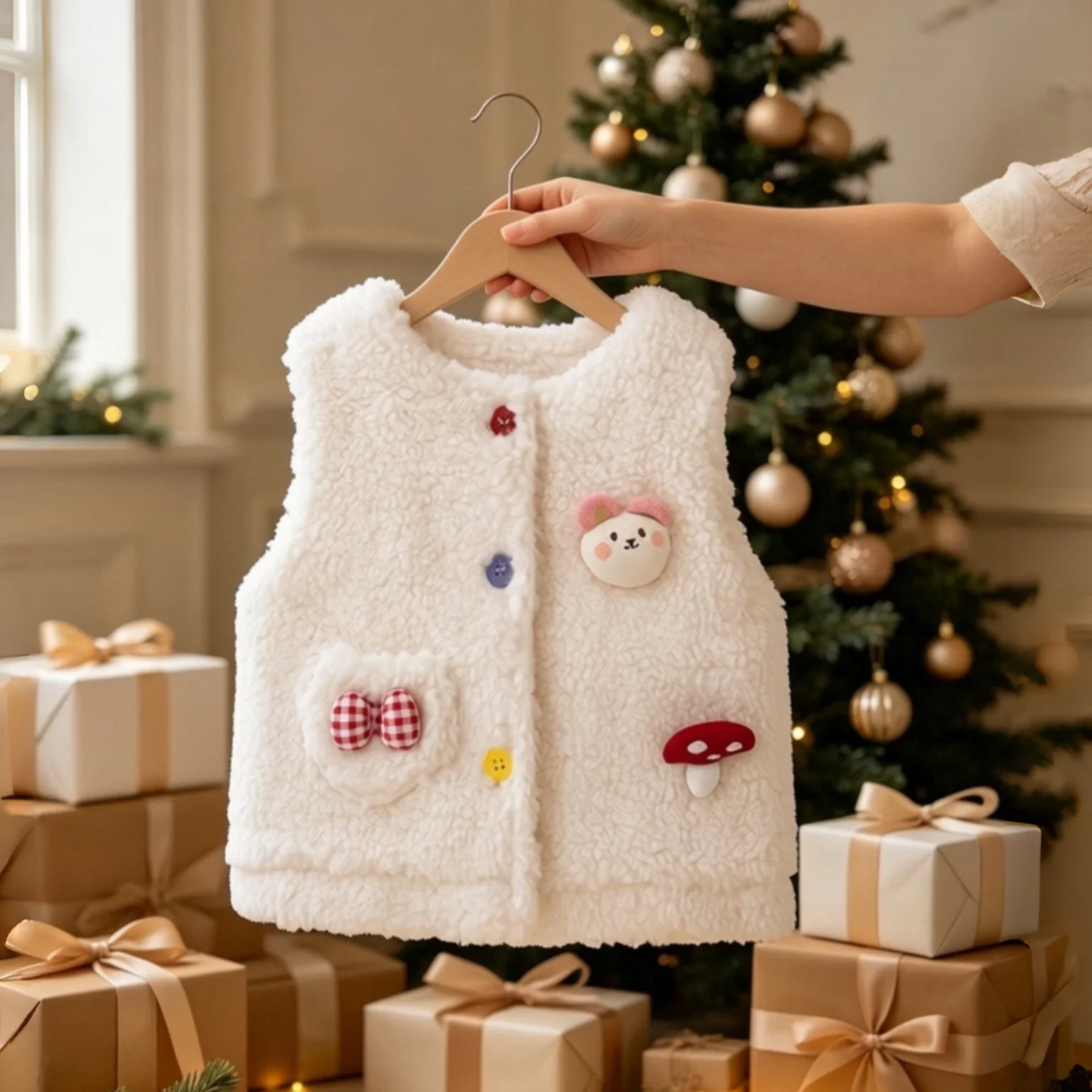 New Christmas Baby Vest Cute Baby Girl Fleece Vest Coat, Winter Warm Top, Casual Daily Outdoor Wear For 6 Months To 3 Years Old