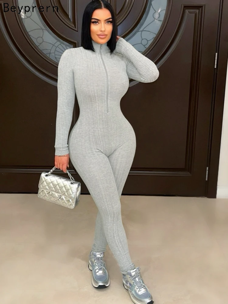 

Beyprern новый шикарный узкий комбинезон в рубчик с застежкой-молнией спереди, женские спортивные однотонные облегающие комбинезоны, комбинезон для активного отдыха, одежда для ночного клуба