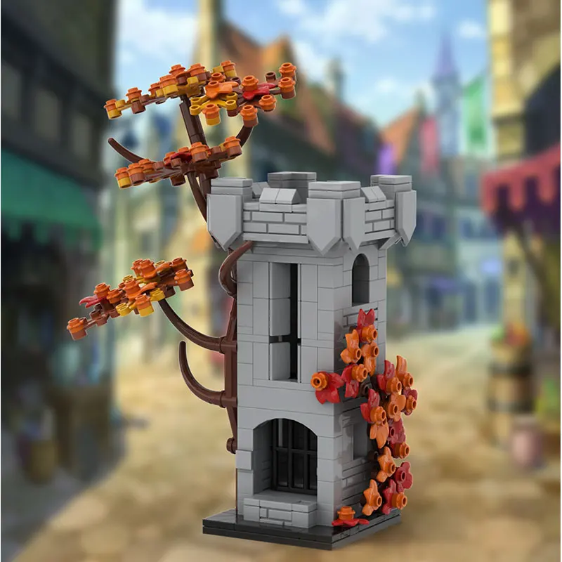 MOC Medieval Castle: Abandoned Tower & Maple Leaf Scene — Small-Particle Building Block Model (356 Pieces)