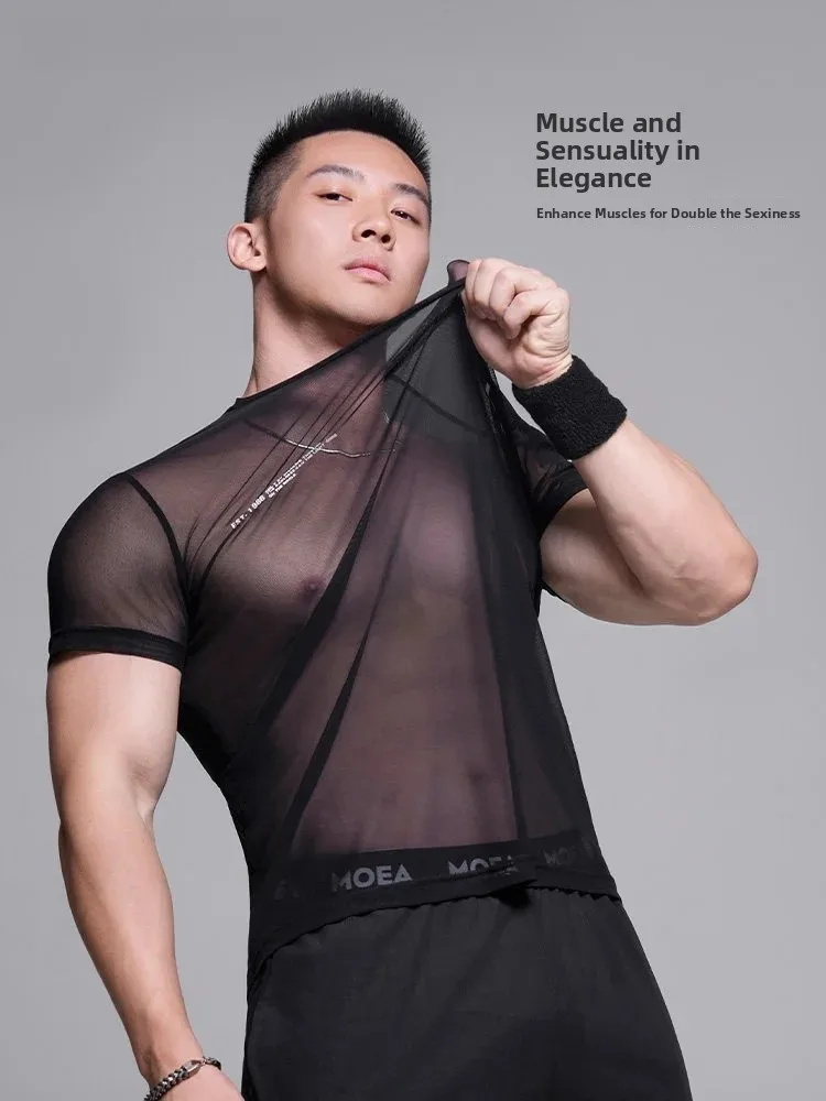 MooCube Men's Summer Fitness Training T-Shirt Short Sleeve Mesh Sporty Sexy Transparent Knitted Polyester Casual Streetwear
