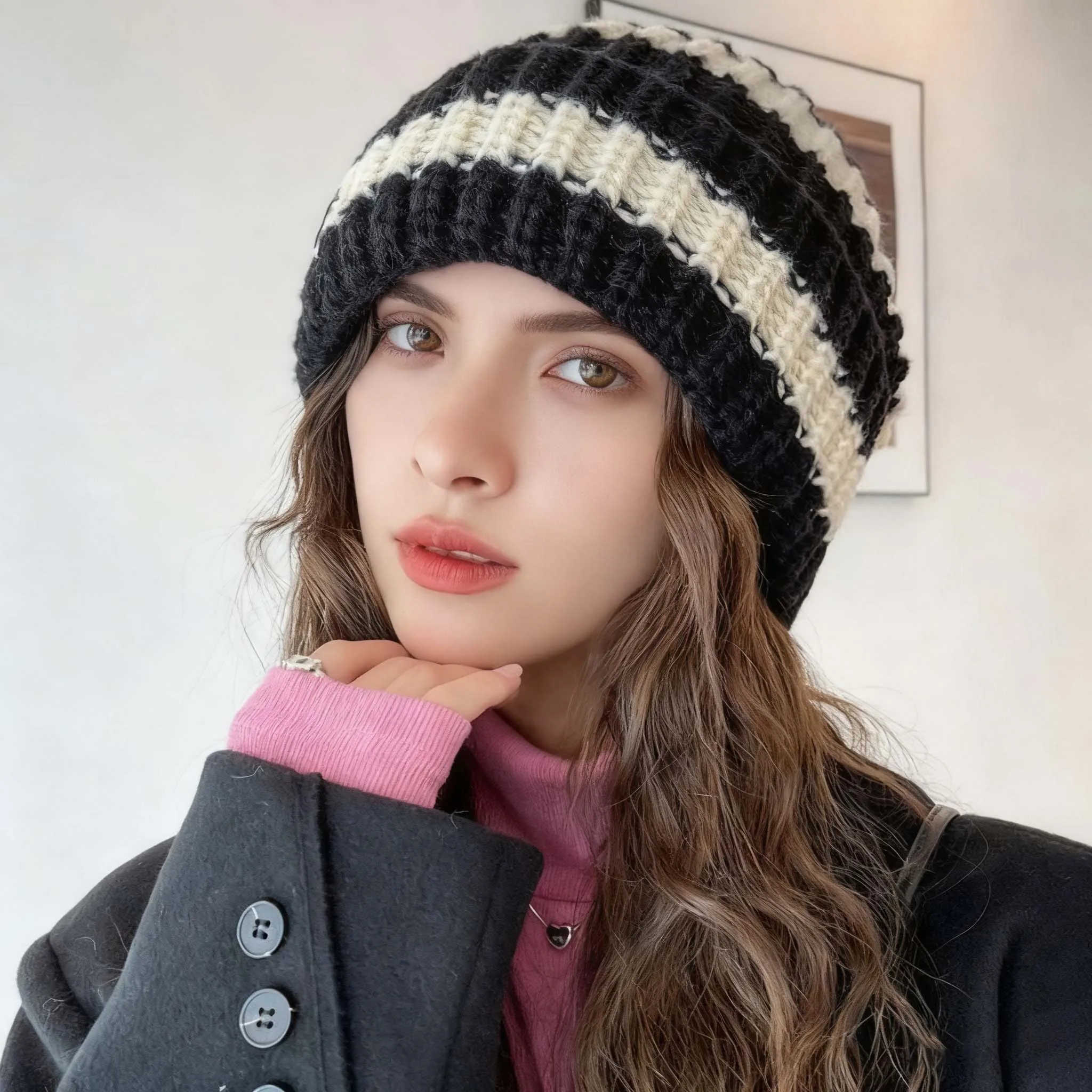 Women's Knitted Striped Beanie Hat Stretchable Soft Warm Winter Slouchy Hats for Outdoor