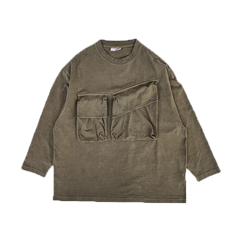 

City blue dyeing handmade ancient grass and wood dyeing heavy loose double pocket long-sleeved T-shirt natural dyed outdoor thin